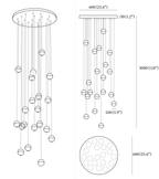 Clérachic pendant light dimension drawing, 8 of 10, every measurement marked in millimetres and inches.