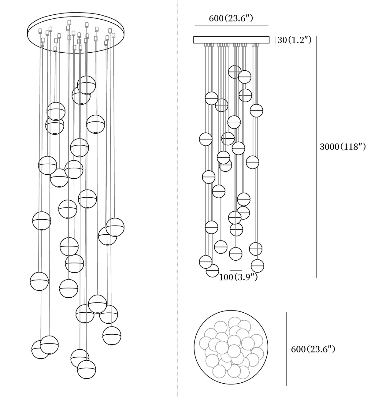 Clérachic pendant light dimension drawing, 9 of 10, every measurement marked in millimetres and inches.