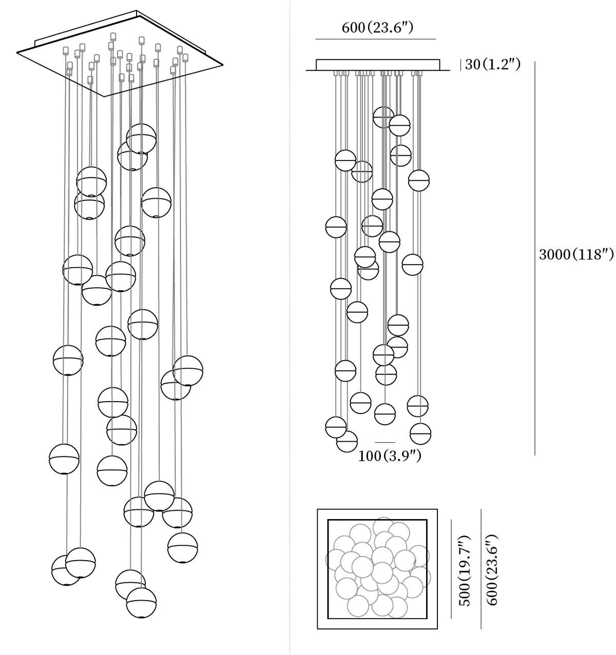 Clérachic pendant light dimension drawing, 10 of 10, every measurement marked in millimetres and inches.