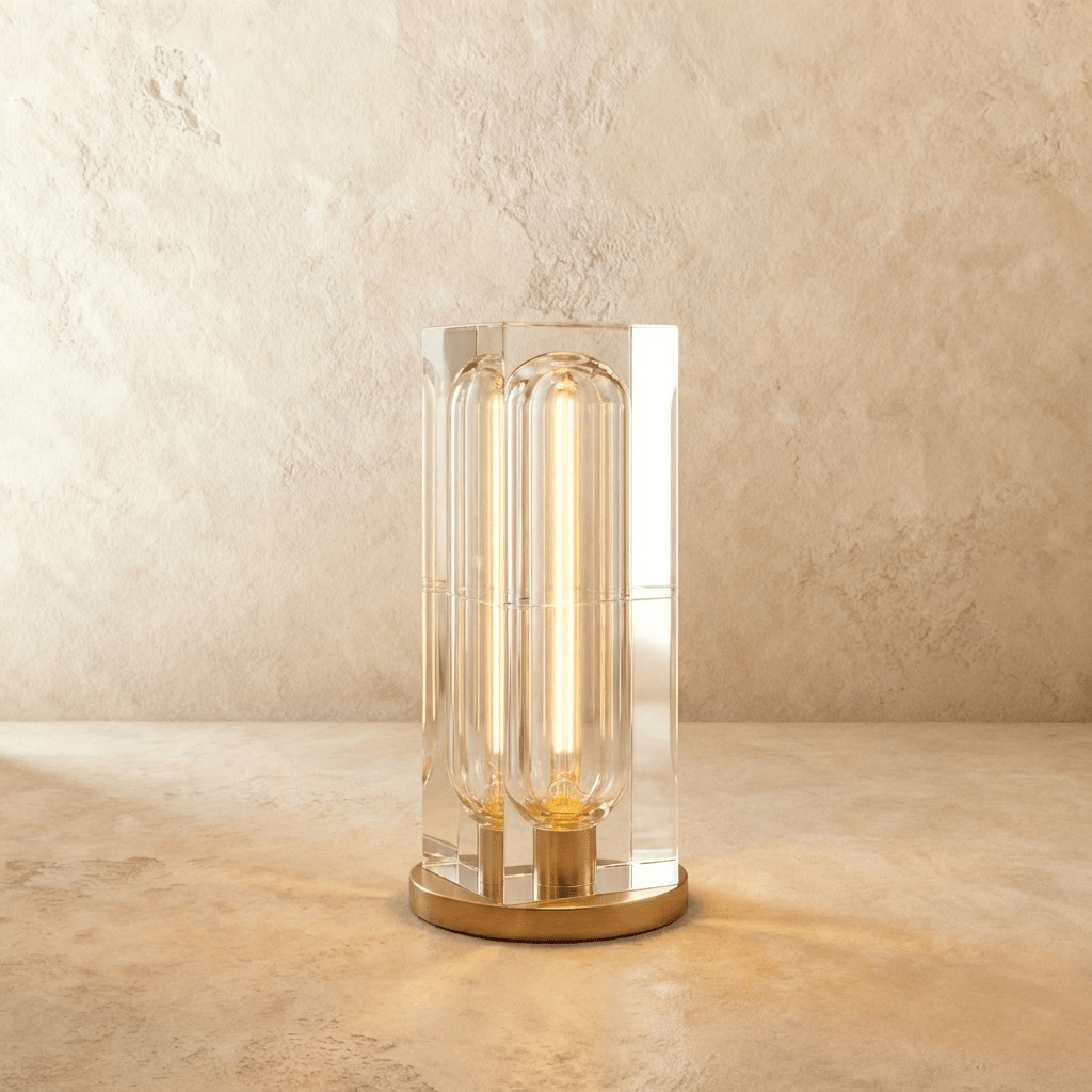Clérachic tall rectangular crystal table lamp on a round gold-tone base, glowing warm, on a limewash wall and stone surface.