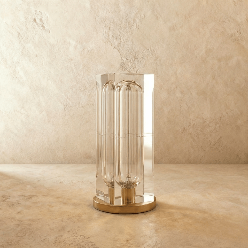 Clérachic tall crystal block table lamp with two clear glass capsule bulbs inside, switched off, on a round gold-tone base.