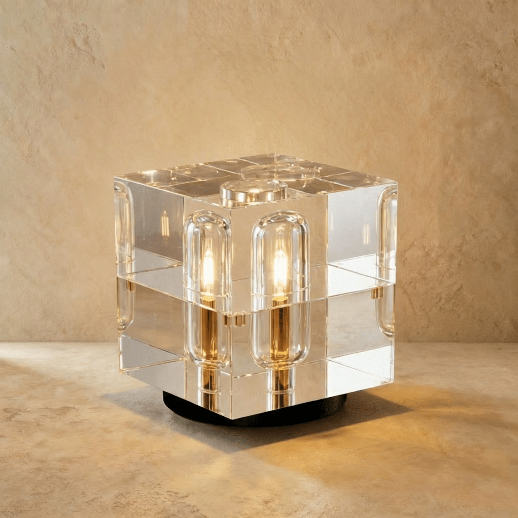 Clérachic compact crystal cube table lamp with lit capsule bulbs in its faces, standing on a dark round base.