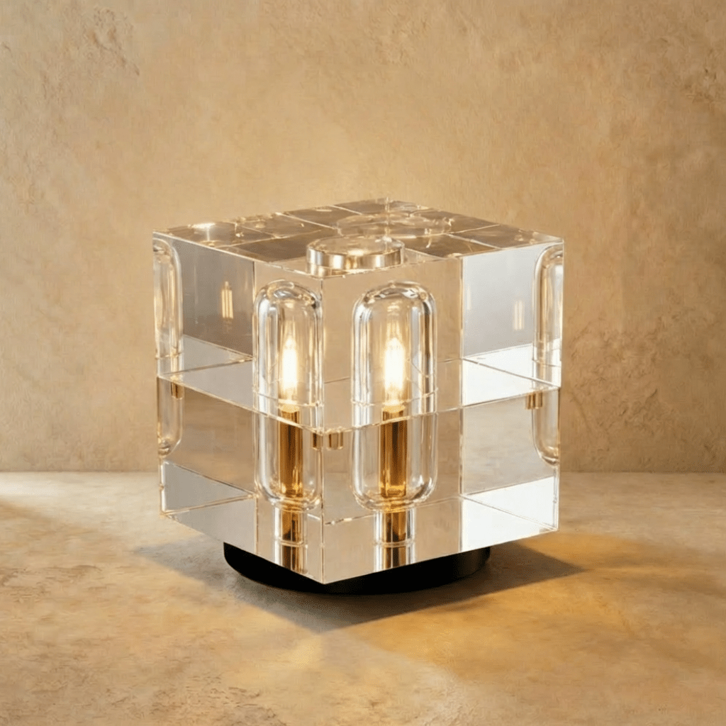 Clérachic larger crystal cube table lamp with warm capsule bulbs glowing inside clear glass, on a black round base.