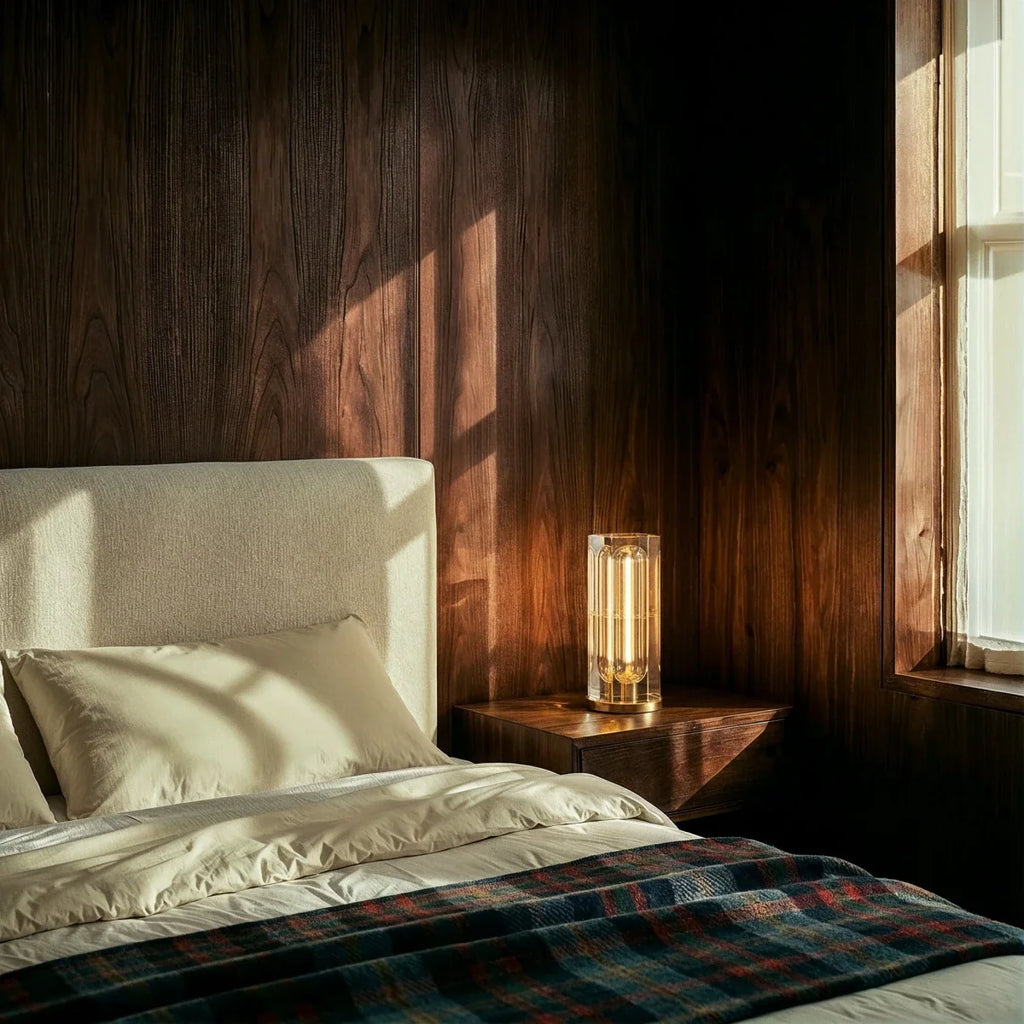 Clérachic tall crystal table lamp glowing on a walnut bedside table beside a cream headboard in a wood-panelled bedroom.