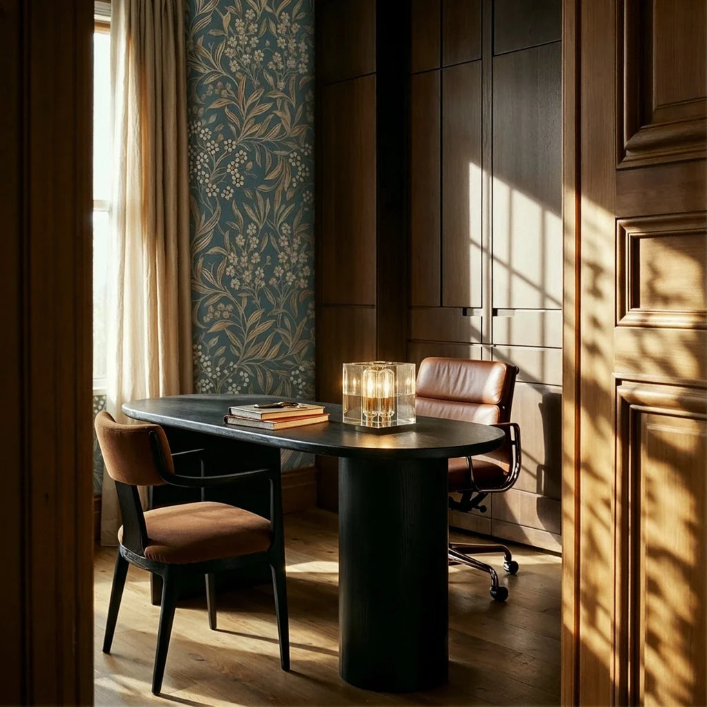 Clérachic crystal cube table lamp lit on a round black desk beside two books, with a floral wallpaper and leather chair.