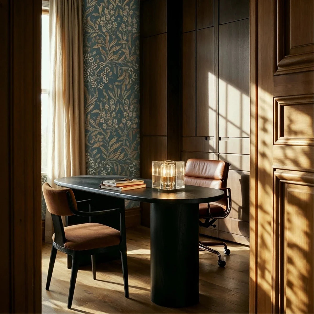 Clérachic crystal cube table lamp lit on a round black desk beside two books, with a floral wallpaper and leather chair.