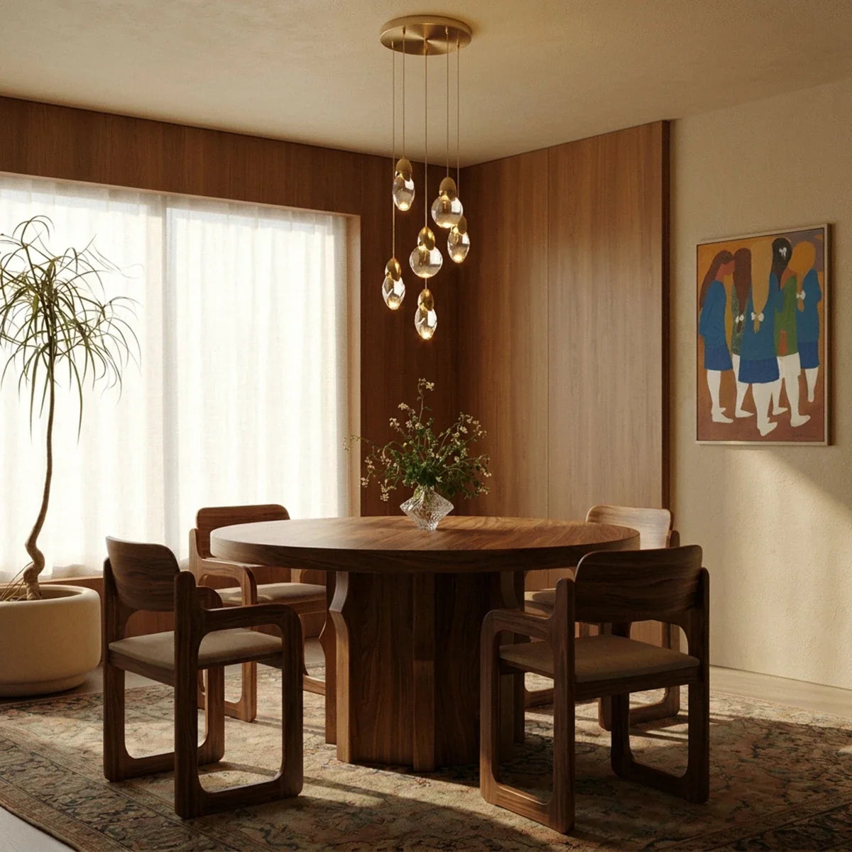 Clérachic cluster of brass-capped glass pendants hung low over a round walnut dining table in a wood-panelled room.