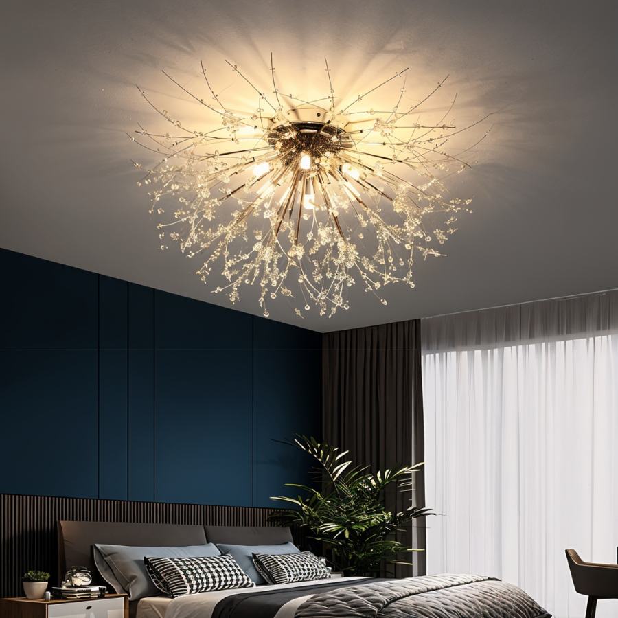 Clérachic crystal flush ceiling light with fine radiating rods and crystal beads, lit above a bed against a deep blue wall.