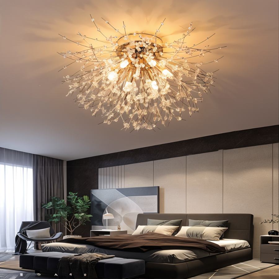 Clérachic gold crystal flush ceiling light lit above a low platform bed in a dark bedroom with a leafy plant.
