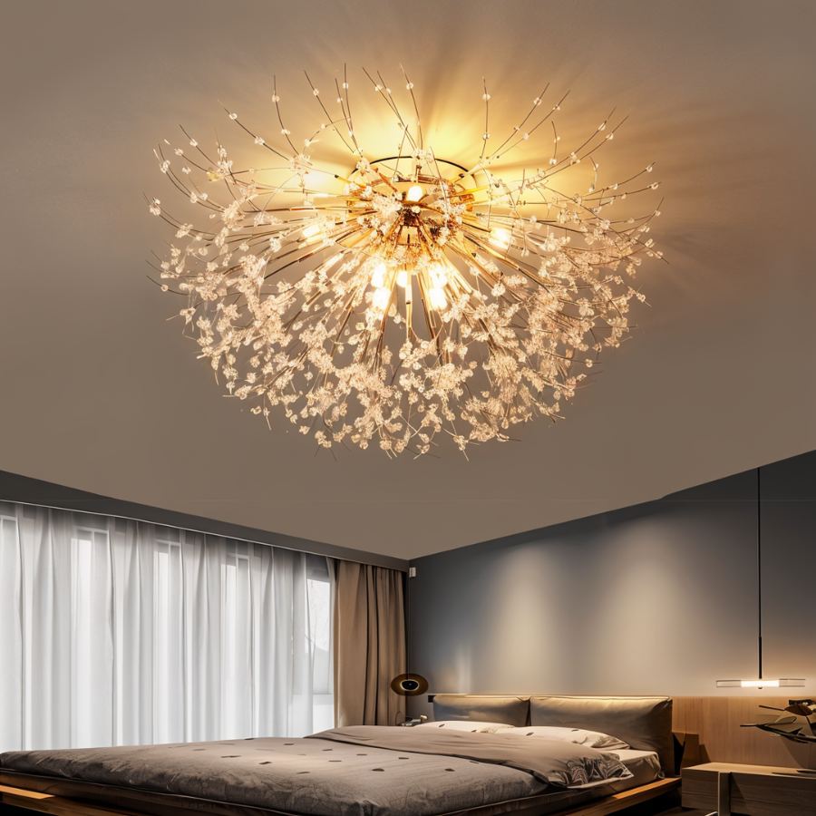 Clérachic crystal flush ceiling light with gold-toned rods and beads, glowing warm over a bedroom with sheer curtains.