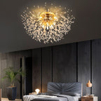 Clérachic gold crystal flush ceiling light with a polished gold canopy, lit above a bed in a room of dark panelling.