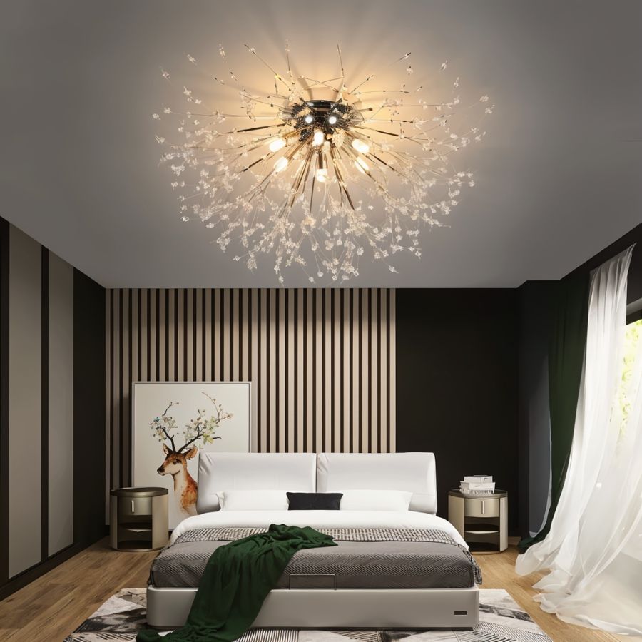 Clérachic silver crystal flush ceiling light over a white bed, with a striped wood feature wall and a deer print behind.