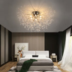 Clérachic silver crystal flush ceiling light over a white bed, with a striped wood feature wall and a deer print behind.