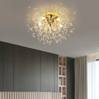 Clérachic gold crystal flush ceiling light on a pale ceiling beside grey wall panels, a shelf unit and soft curtains.
