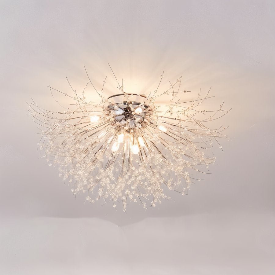 Clérachic silver chrome crystal flush ceiling light on a pale ceiling, a dense burst of fine rods and clear crystal beads.