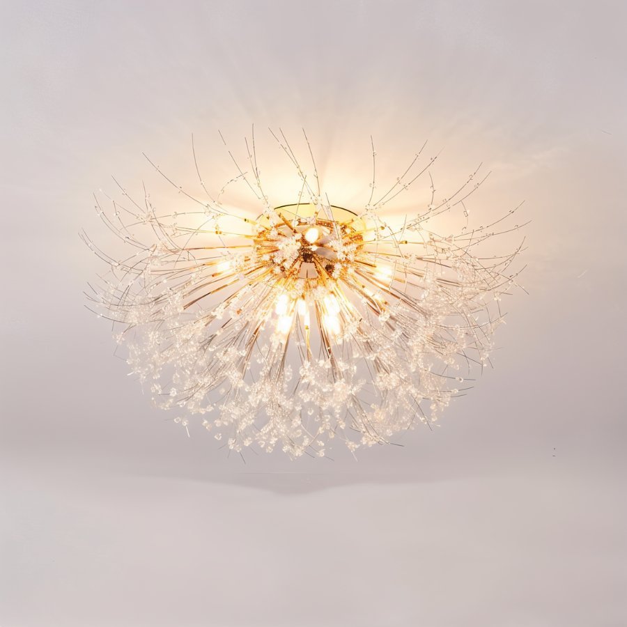 Clérachic gold crystal flush ceiling light on a pale ceiling, a full burst of fine rods with clear crystal beads, lit warm.