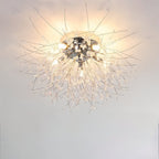 Clérachic silver crystal flush ceiling light seen close, with a chrome canopy, bare bulbs and long beaded rods.