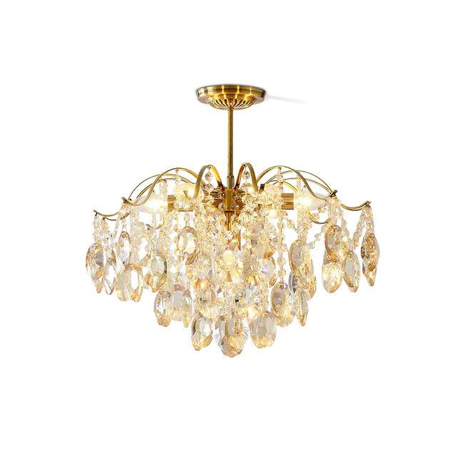 Second white-backdrop view of this Clérachic chandelier, with its amber and clear crystals hanging in tiers from a gold stem.