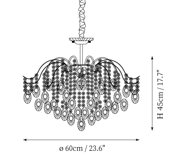 Clérachic chandelier dimension drawing, every measurement marked in centimetres and inches.