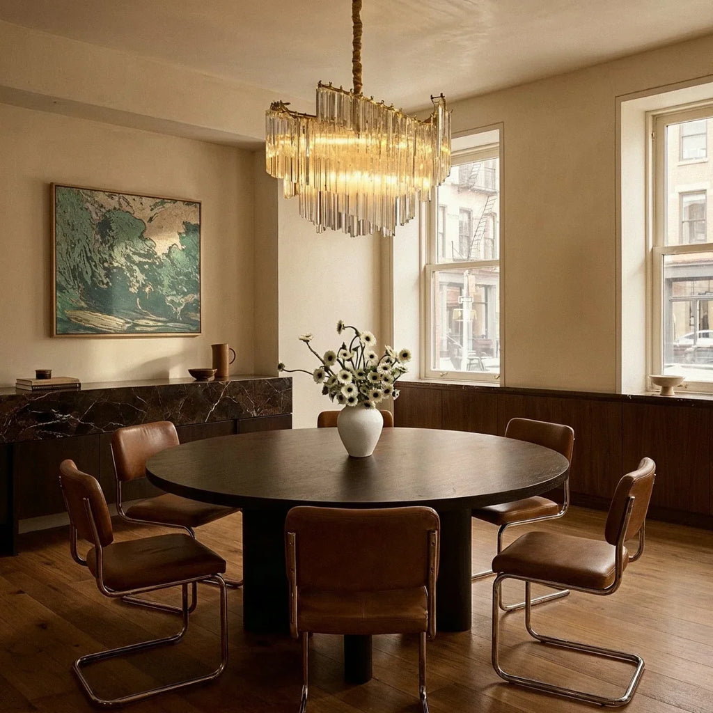 Clérachic tiered crystal-rod chandelier above a round dark dining table with tan leather chairs and tall sash windows.