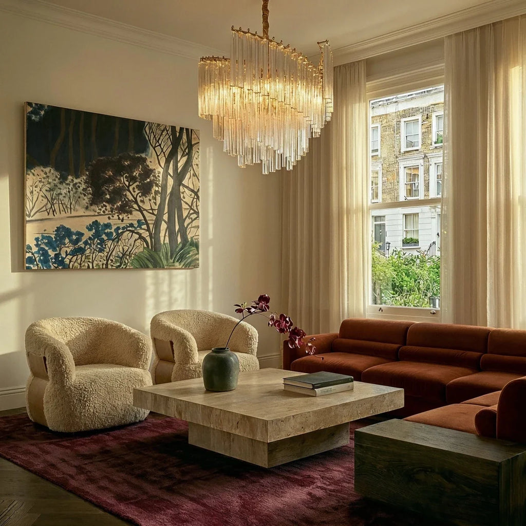 Clérachic crystal-rod chandelier in a bright sitting room with a travertine coffee table, boucle chairs and a rust velvet sofa.
