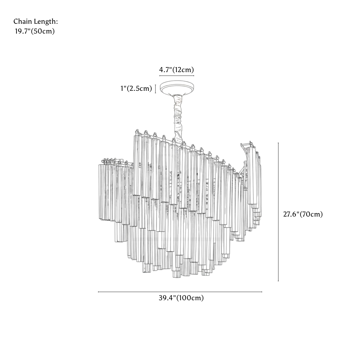 Clérachic chandelier dimension drawing, 21 lights, 100 cm, every measurement marked in centimetres and inches.