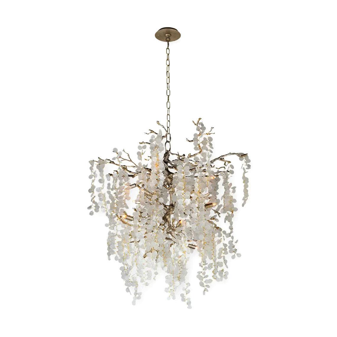 A smaller, round Clérachic chandelier with silver-toned branches and frosted crystal discs on a plain white backdrop.