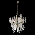 Clérachic round chandelier on black, showing its branching frame and the cascading frosted crystal discs from a slim chain.