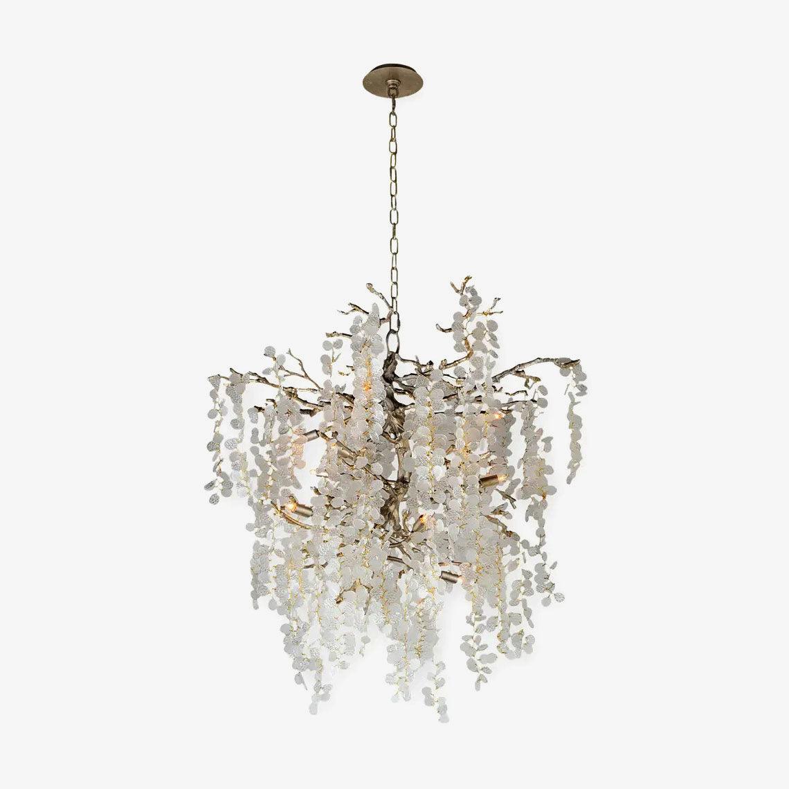 A round, drum-shaped Clérachic chandelier on a plain white backdrop, with silver-toned branches and frosted discs.