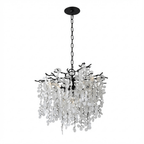 A round Clérachic chandelier in black, with a black chain and canopy, on a plain white backdrop.