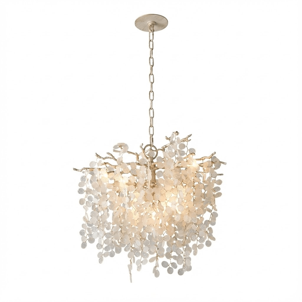 A round Clérachic chandelier with silver-toned branches, a pale chain and a round ceiling plate, on a white backdrop.
