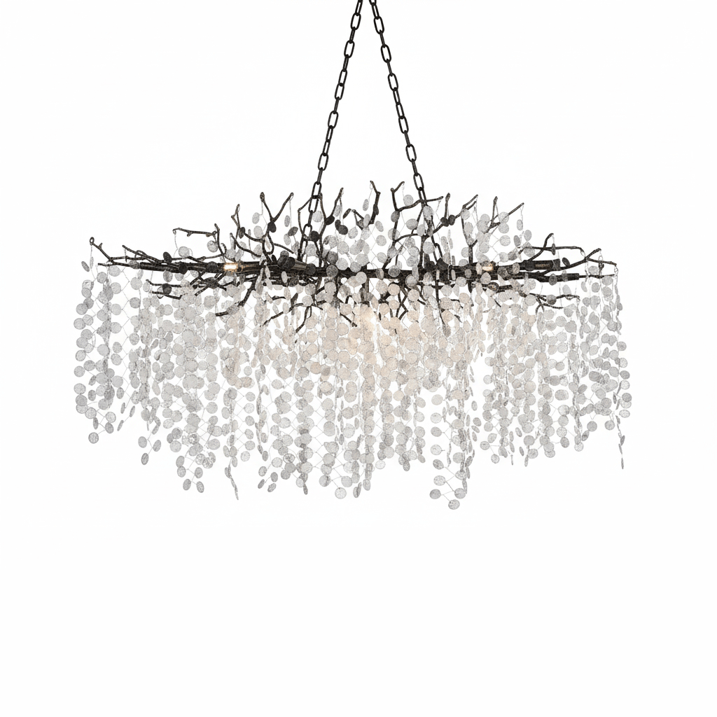 A long Clérachic chandelier in black, with a black branch frame and chains, and frosted crystal discs hanging below.