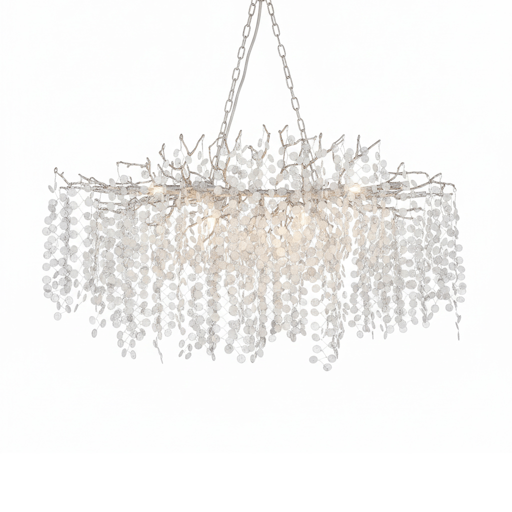 Clérachic long chandelier with silver-toned branches and a pale chain on a white backdrop, lit from within.