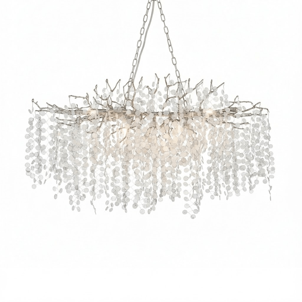 The long Clérachic chandelier on a white backdrop, shown with a pale silver frame, chains and frosted crystal discs.