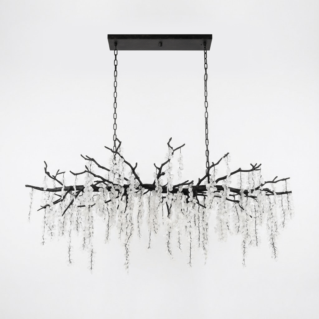 A long Clérachic chandelier in black, hung from a black rectangular canopy, with a black branch frame and clear crystal strands.