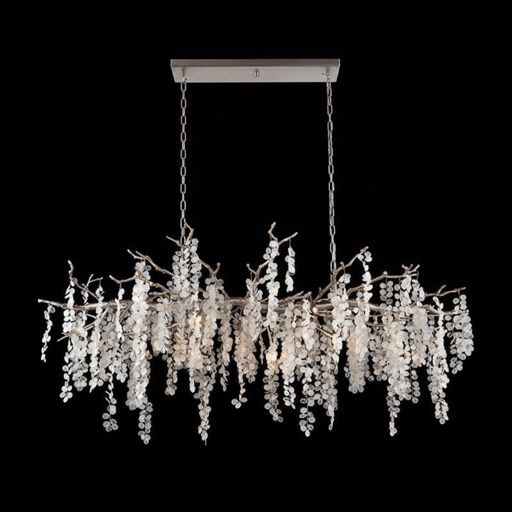 A long Clérachic chandelier with silver-toned branches on a black backdrop, hung from a rectangular canopy by two chains.