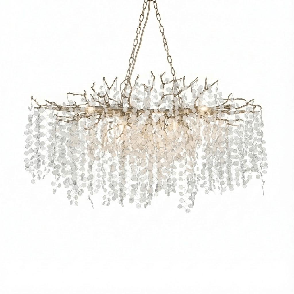 Long Clérachic chandelier with a nickel finish and a pale chain, with warm bulbs glowing among the crystal discs.