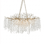 Clérachic long chandelier in a nickel finish on a white backdrop, with its chain, branch frame and crystal discs.