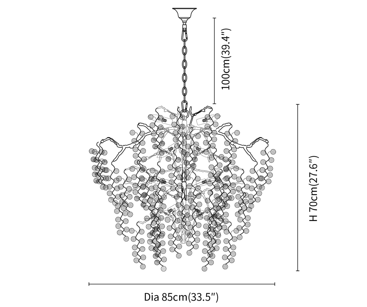 Dimension drawing of this Clérachic round chandelier, with its diameter, height and chain length marked.