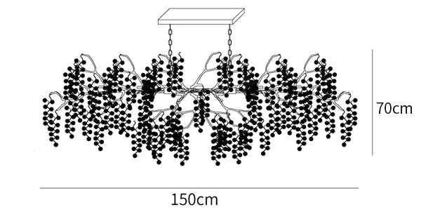 Dimension drawing of this Clérachic long chandelier, with its length and height marked.