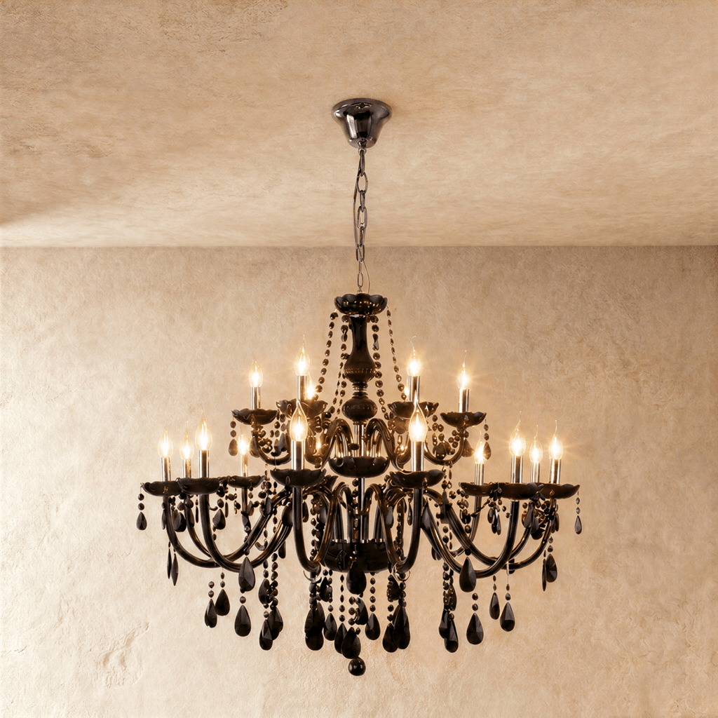 A larger two-tier Clérachic chandelier in black glass, its upper and lower rings of candle arms fully lit indoors.