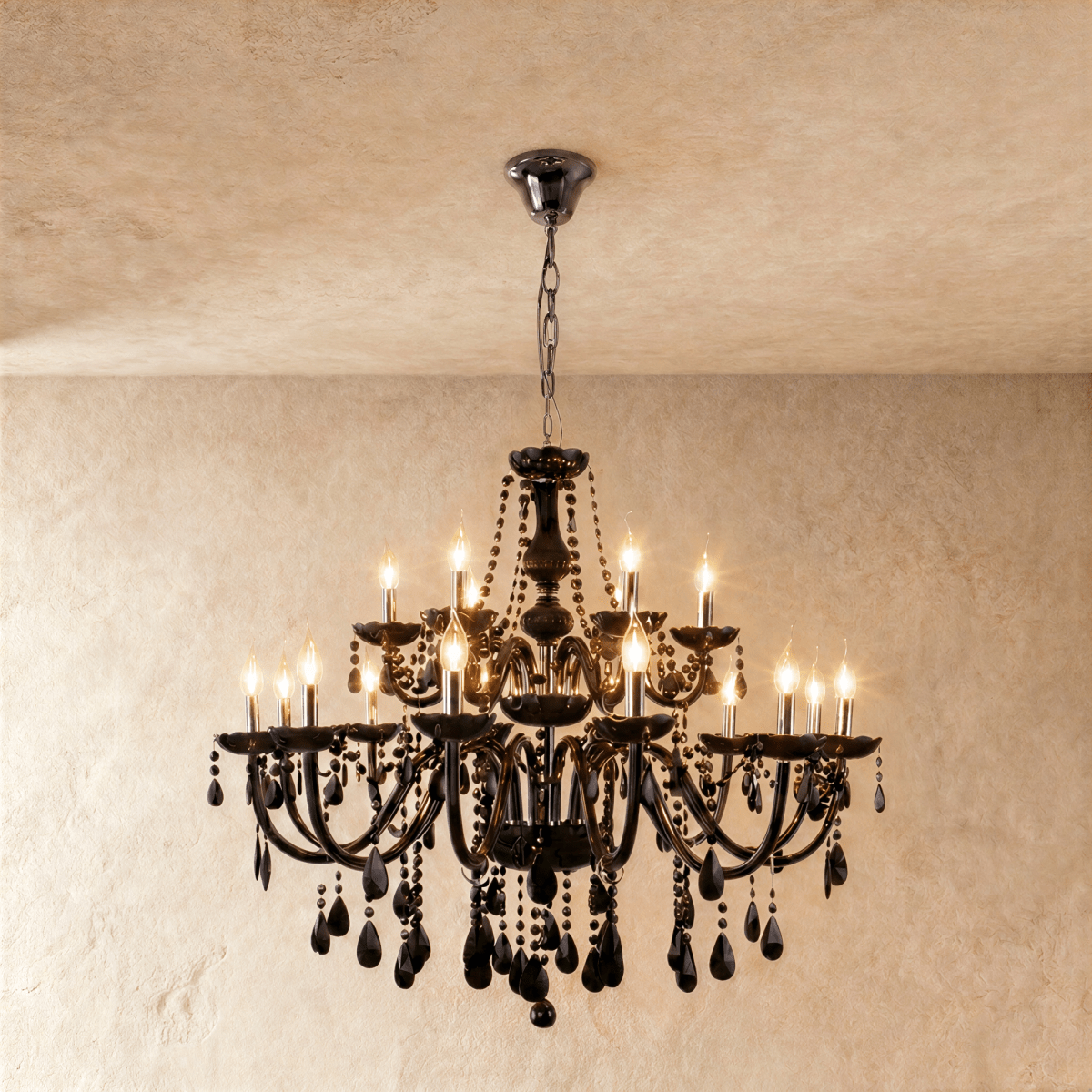 A larger two-tier Clérachic chandelier in black glass, its upper and lower rings of candle arms fully lit indoors.