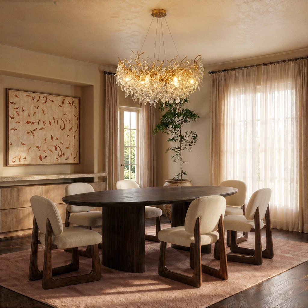 Clérachic crystal chandelier hung above an oval dining table, its gold branches glowing warm in a sunlit room.