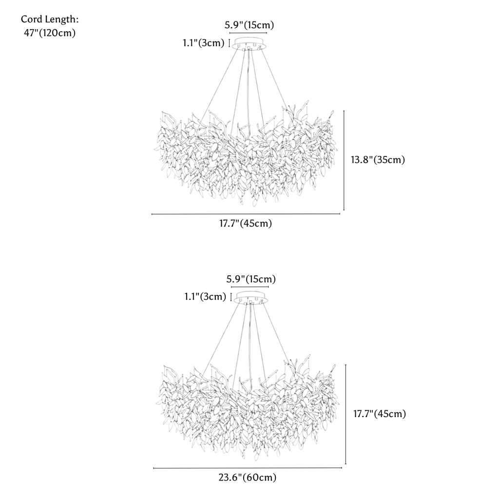 Clérachic chandelier dimension drawing, 1 of 4, every measurement marked in centimetres and inches.