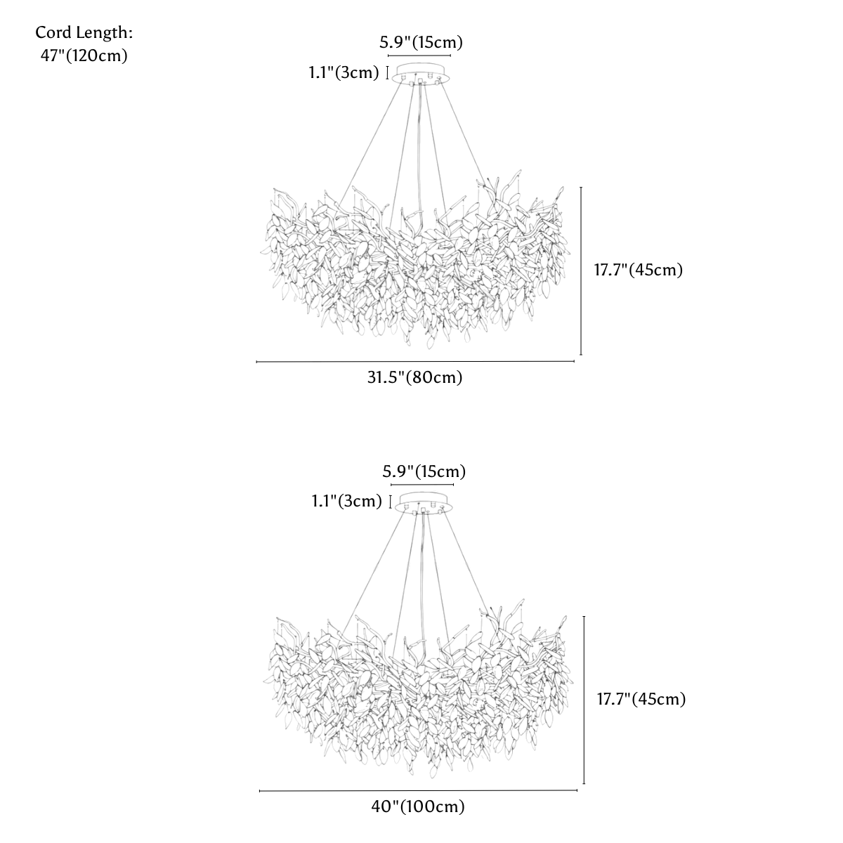 Clérachic chandelier dimension drawing, 2 of 4, every measurement marked in centimetres and inches.