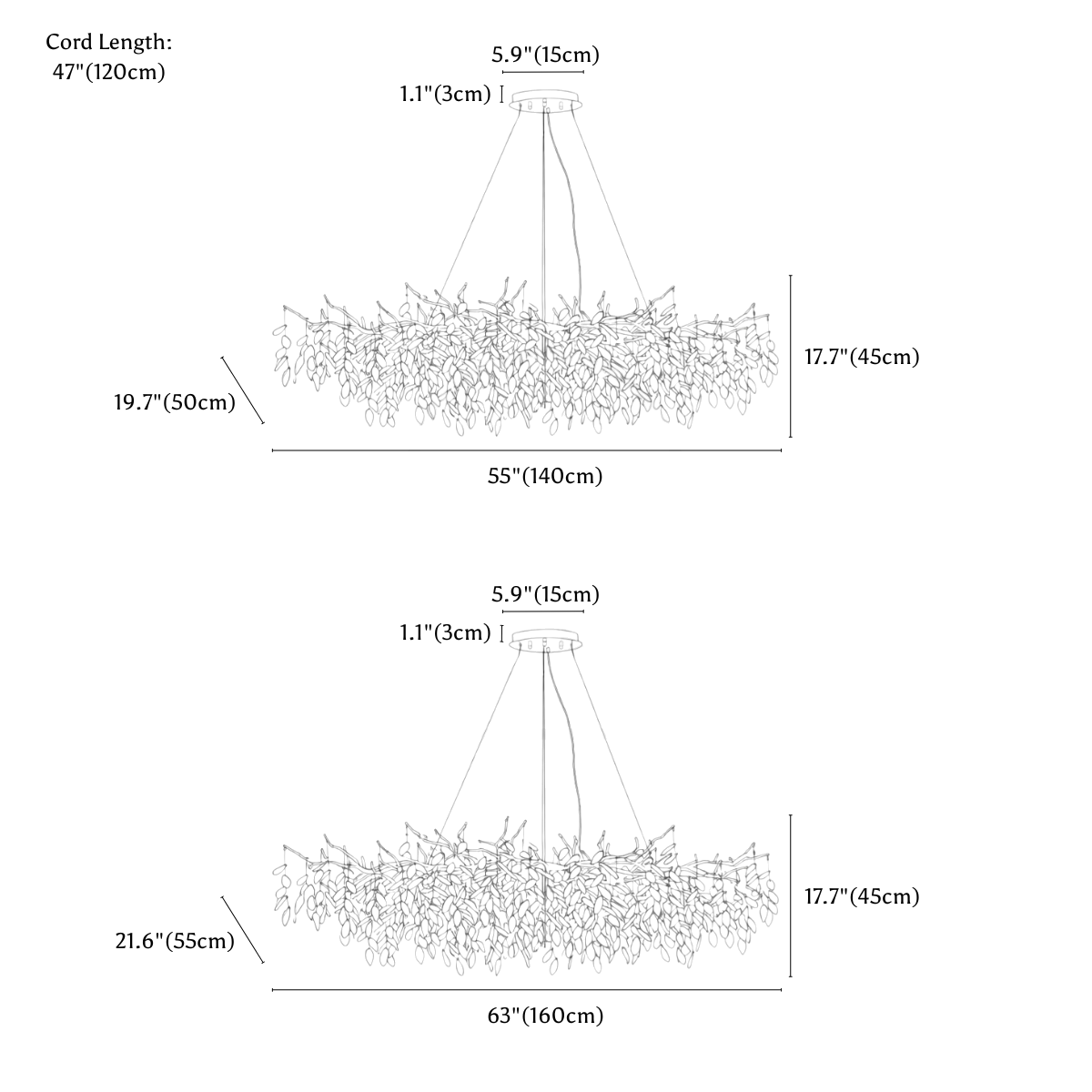 Clérachic chandelier dimension drawing, 4 of 4, every measurement marked in centimetres and inches.