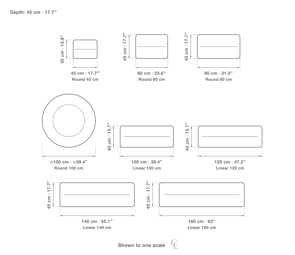 Technical dimension drawing of the Clérachic Crystal Chandelier for Staircase, Cut Crystal Tiers, 80 cm in 8 sizes — Round 45 cm at 45 × 35 cm (17.7 × 13.8″), Round 60 cm at 60 × 45 cm (23.6 × 17.7″), Round 80 cm at 80 × 45 cm (31.5 × 17.7″), Round 100 cm at 100 cm (39.4″) across, Linear 100 cm at 100 × 40 cm (39.4 × 15.7″), Linear 120 cm at 120 × 40 cm (47.2 × 15.7″), Linear 140 cm at 140 × 45 cm (55.1 × 17.7″), Linear 160 cm at 160 × 45 cm (63 × 17.7″), drawn to one scale.