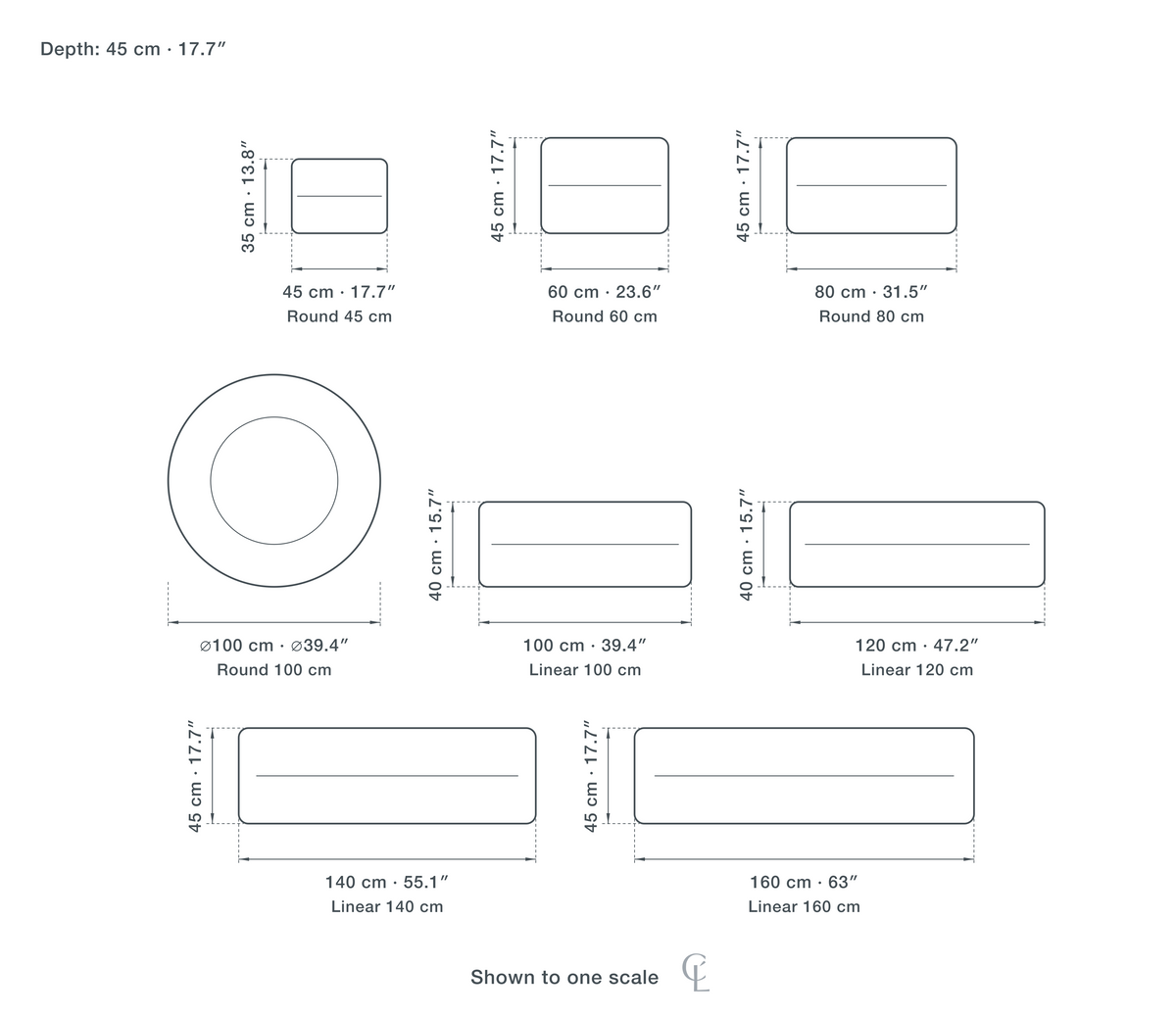 Technical dimension drawing of the Clérachic Crystal Chandelier for Staircase, Cut Crystal Tiers, 80 cm in 8 sizes — Round 45 cm at 45 × 35 cm (17.7 × 13.8″), Round 60 cm at 60 × 45 cm (23.6 × 17.7″), Round 80 cm at 80 × 45 cm (31.5 × 17.7″), Round 100 cm at 100 cm (39.4″) across, Linear 100 cm at 100 × 40 cm (39.4 × 15.7″), Linear 120 cm at 120 × 40 cm (47.2 × 15.7″), Linear 140 cm at 140 × 45 cm (55.1 × 17.7″), Linear 160 cm at 160 × 45 cm (63 × 17.7″), drawn to one scale.