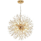 Product shot of this Clérachic chandelier in a gold finish, its ceiling rose and cord shown above the full sphere of branches.