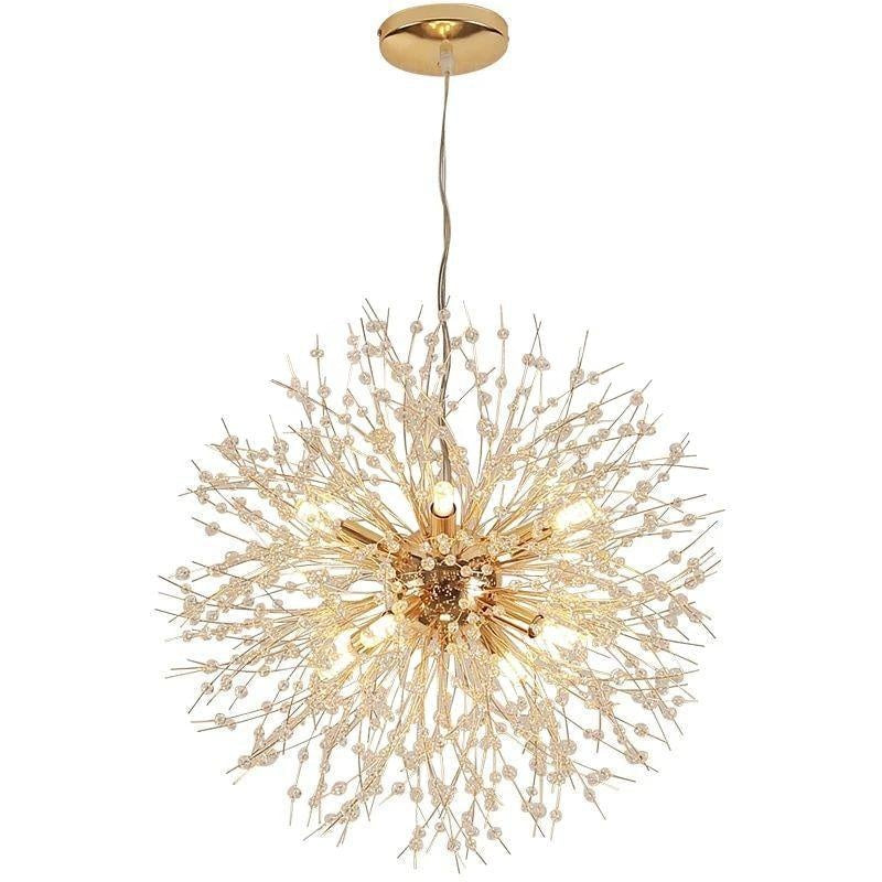 Product shot of this Clérachic chandelier in a gold finish, its ceiling rose and cord shown above the full sphere of branches.
